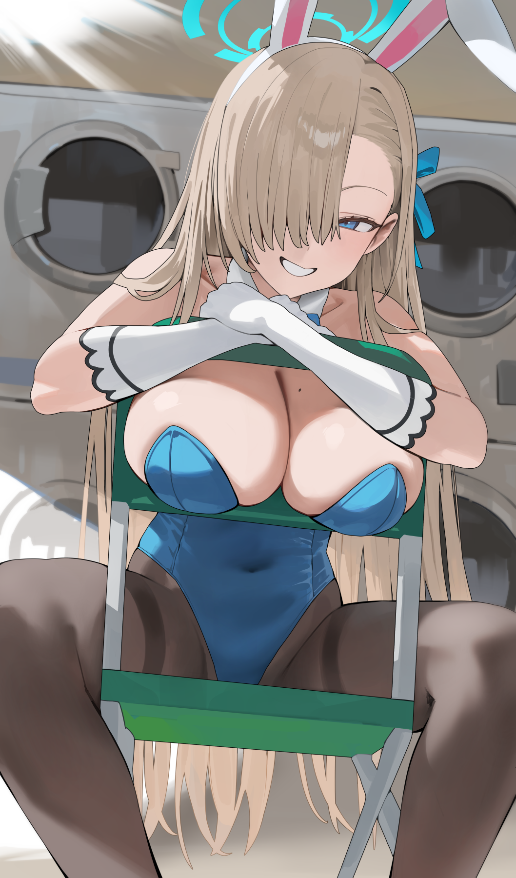 1girl animal_ears asuna_(blue_archive) asuna_(bunny)_(blue_archive) bare_shoulders black_pantyhose blonde_hair blue_archive blue_eyes blue_halo blue_ribbon blush breasts chair cleavage commentary covered_navel detached_collar elbow_gloves fake_animal_ears feet_out_of_frame gloves hair_ornament hair_over_one_eye hair_ribbon hairband halo highres hood_(james_x) indoors large_breasts laundromat long_hair mole mole_on_breast official_alternate_costume one_eye_covered pantyhose parted_lips playboy_bunny rabbit_ears ribbon sitting sitting_backwards smile solo symbol-only_commentary thighband_pantyhose thighs white_gloves white_hairband