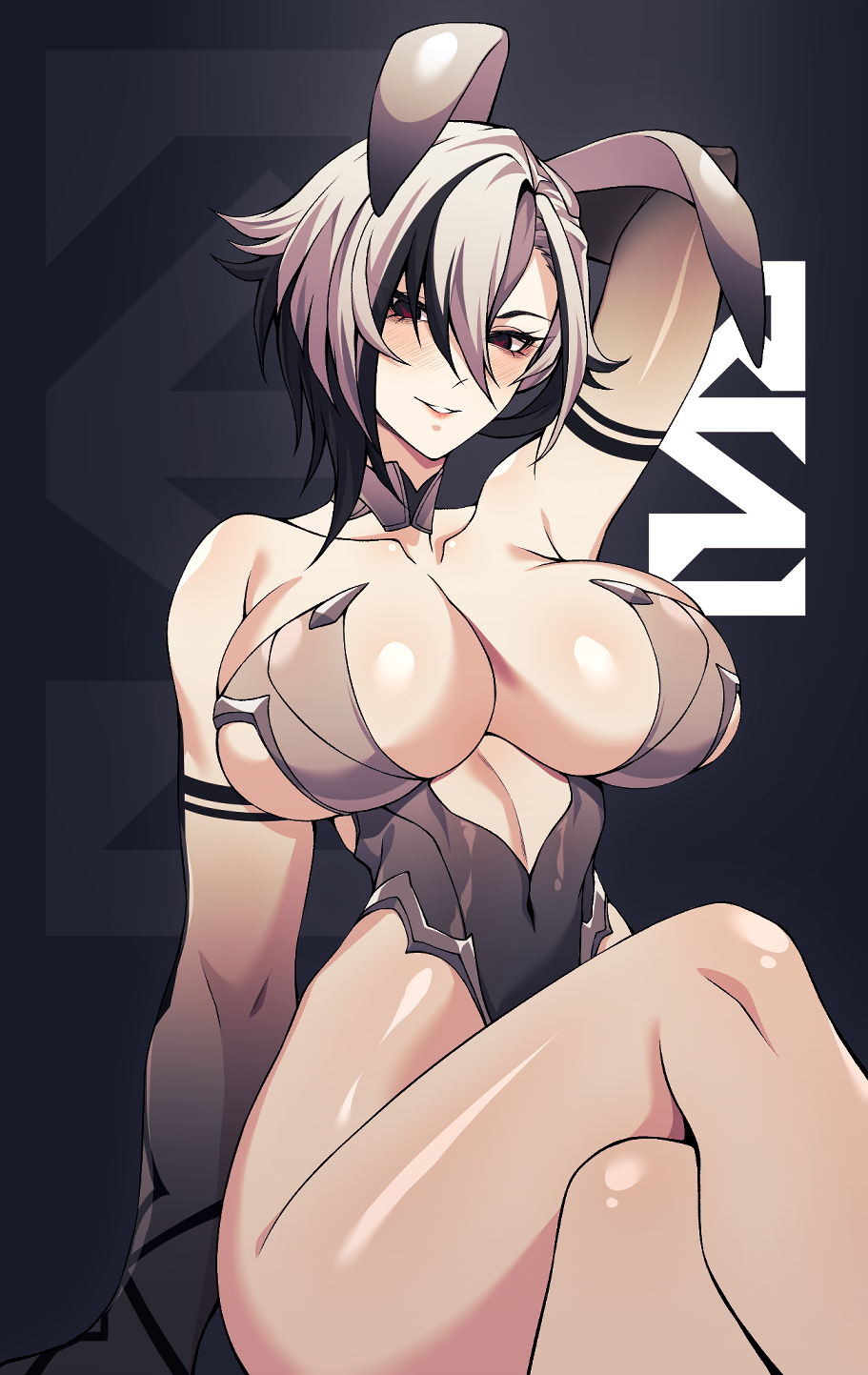 1girl alternate_costume animal_ears arlecchino_(genshin_impact) arm_strap arm_support arm_up armpits artist_logo blush breasts cero_rains commentary_request crossed_legs dark_background elbow_gloves fake_animal_ears genshin_impact gloves grey_hair grey_leotard highleg highleg_leotard highres large_breasts leotard multicolored_hair playboy_bunny plunging_neckline red_eyes smile solo streaked_hair