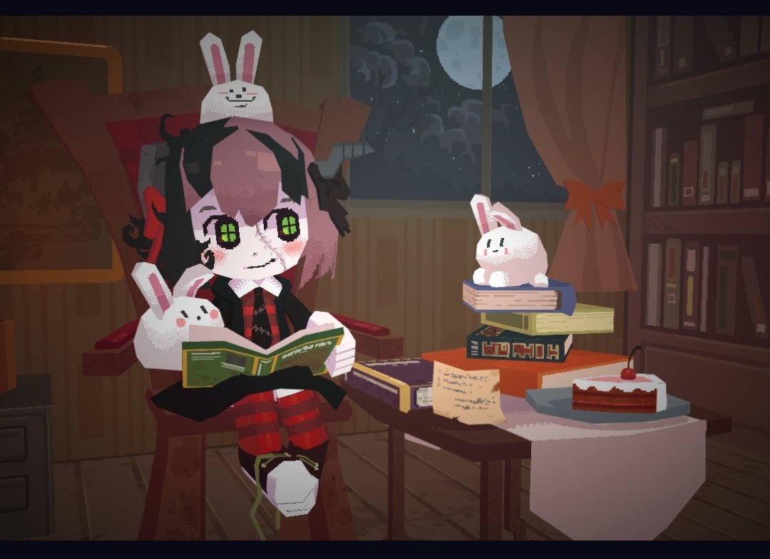 1girl 3d animal animal_on_book animal_on_head animal_on_lap black_border black_footwear black_hair black_jacket black_necktie book bookshelf border bow cake chair cherry child cloud collared_shirt colored_skin crea_flankenstein curtains food fruit full_moon funamusea green_pupils jacket light_blush looking_at_animal looking_to_the_side low_poly moon multicolored_hair necktie night night_sky note object_through_head on_head on_lap pink_hair plate rabbit red_bow red_curtains red_shirt red_thighhighs screw_in_head shirt sitting sky smile stitched_face stitches streaked_hair striped_clothes striped_shirt striped_thighhighs symbol-shaped_pupils table thighhighs untied_footwear white_skin window wooden_chair wooden_floor woooh zombie