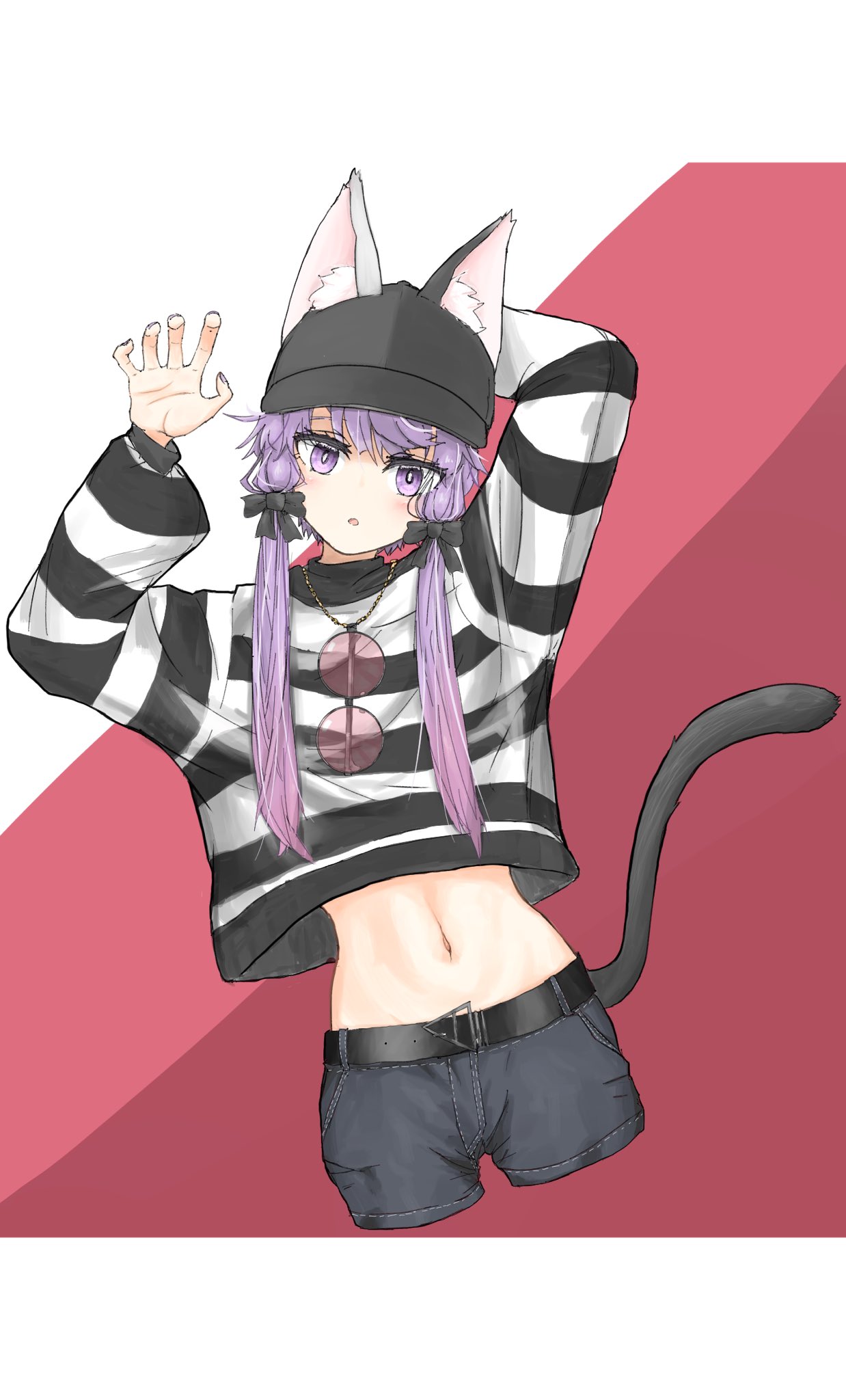 1girl alternate_costume animal_ears arm_behind_head baseball_cap belt black_belt black_bow black_headwear black_pants black_shirt blush bow cat_ears cat_tail claw_pose cropped_legs cropped_shirt denim ears_through_headwear eyewear_around_neck hair_bow hands_up hat head_tilt highres jeans kemonomimi_mode long_hair looking_at_viewer midriff multiple_hair_bows navel open_mouth pants pink-tinted_eyewear purple_hair red_background round_eyewear sanma_no_shippo shirt short_hair_with_long_locks simple_background solo striped_clothes striped_shirt sunglasses tail tinted_eyewear vocaloid voiceroid yuzuki_yukari