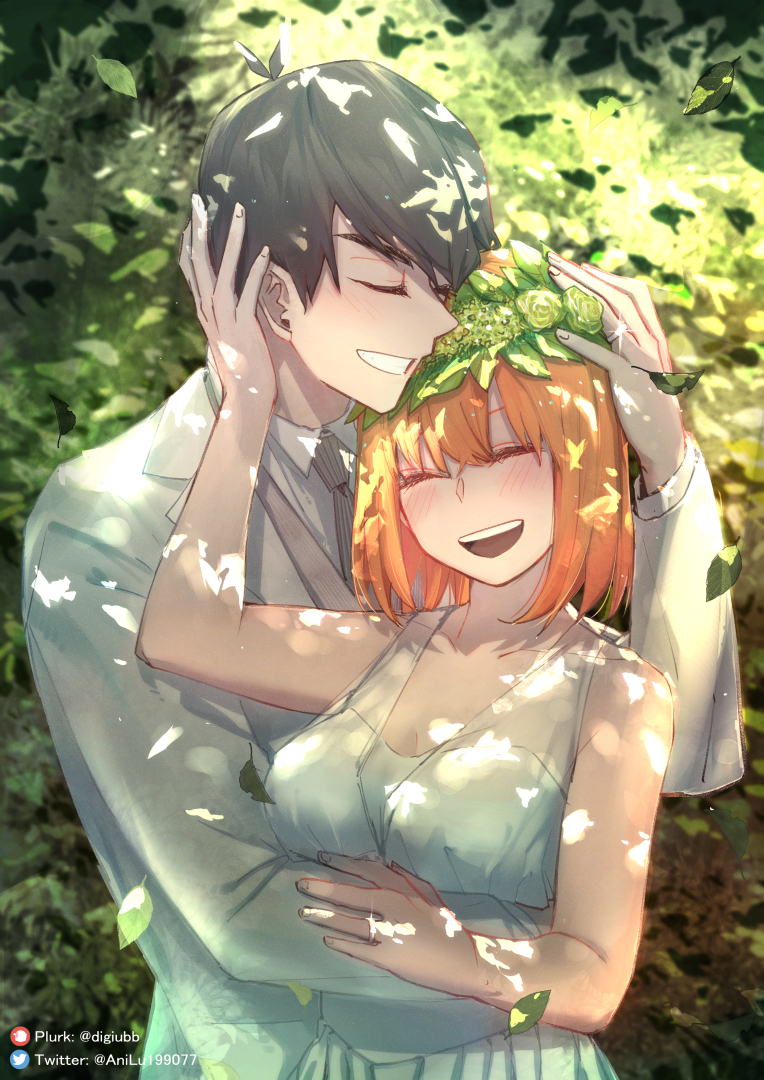 1boy 1girl ani_lu bare_shoulders black_hair bride closed_eyes dress go-toubun_no_hanayome groom head_wreath hug jewelry leaf nakano_yotsuba orange_hair ring short_hair smile suit tuxedo twitter_username uesugi_fuutarou wedding wedding_dress white_dress white_suit