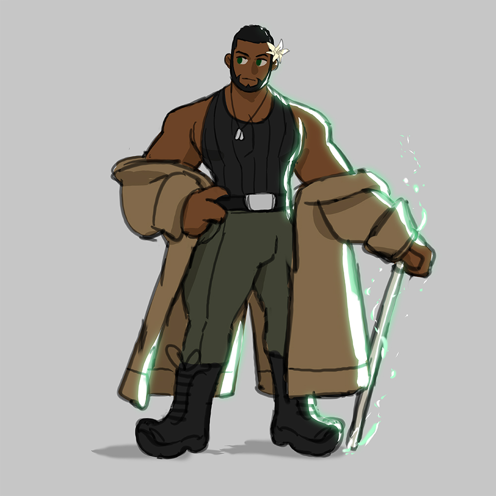 1boy barret_wallace beard black_footwear black_shirt black_whitebeater brown_coat coat coat_on_arms dark-skinned_male dark_skin dog_collars facial_hair final_fantasy final_fantasy_vii flower_on_ear full_beard green_eyes green_highlight green_pants grey_background holding holding_staff male_focus muscular muscular_male pants role_reversal shirt sketchywindow staff