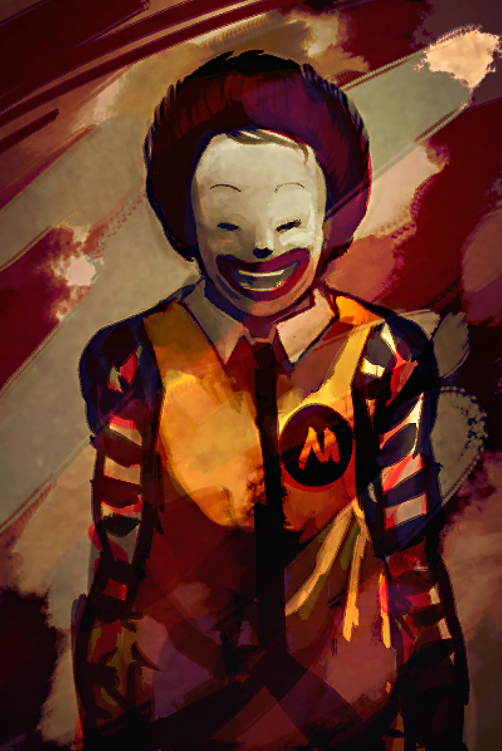 1boy afro closed_eyes clown commentary_request facepaint facing_viewer highres male_focus mcdonald's piaki red_hair ronald_mcdonald short_hair solo striped_sleeves