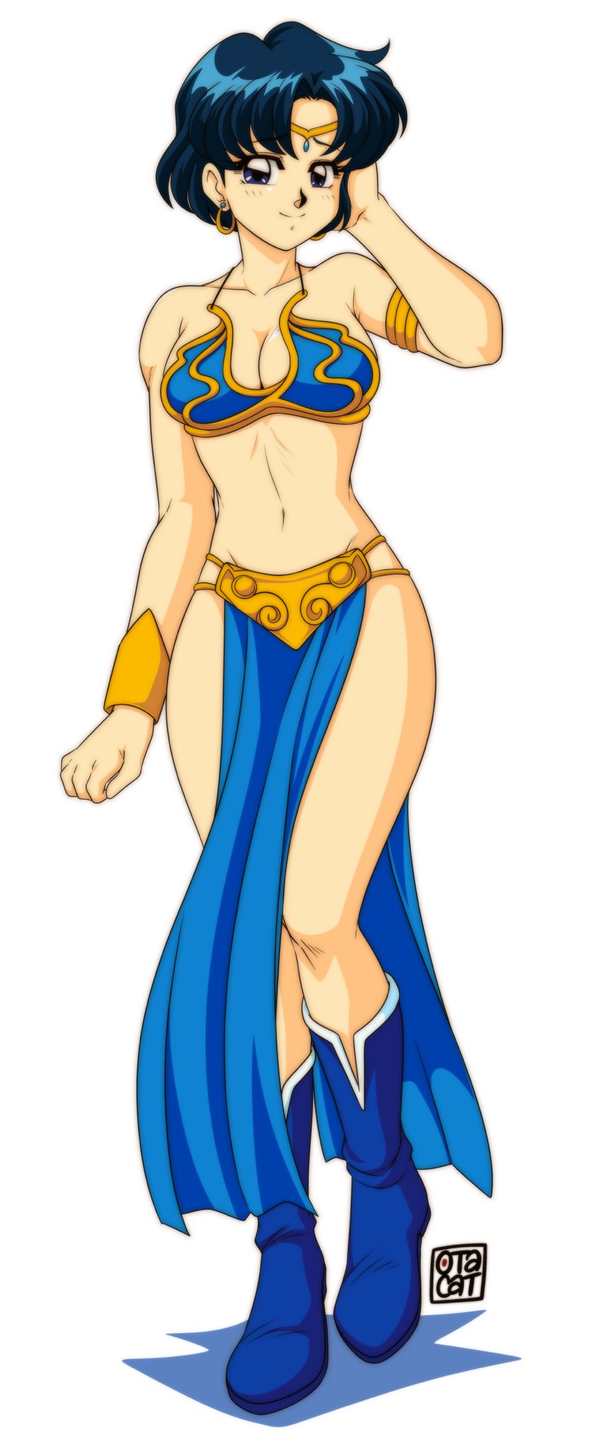 0tacat 1girl armlet bishoujo_senshi_sailor_moon blue_eyes blue_footwear blue_hair boots bracelet breasts circlet cleavage cosplay highres jewelry large_breasts metal_bikini metal_bra midriff mizuno_ami navel pelvic_curtain princess_leia_organa_solo princess_leia_organa_solo_(cosplay) short_hair simple_background slave smile solo star_wars white_background