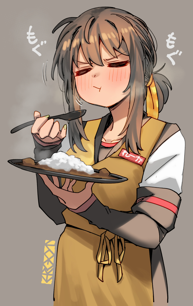 1girl :t apron black_sailor_collar black_shirt black_skirt blush brown_hair closed_eyes closed_mouth collarbone commentary_request curry eating ergot food fubuki_(kancolle) grey_background hair_between_eyes hair_ribbon holding holding_plate holding_polearm holding_weapon kantai_collection layered_sleeves long_sleeves low_ponytail medium_hair motion_lines plate polearm ribbon rice sailor_collar shirt short_over_long_sleeves short_sleeves sidelocks signature simple_background skirt sleeves_past_wrists solo upper_body weapon white_shirt yellow_ribbon