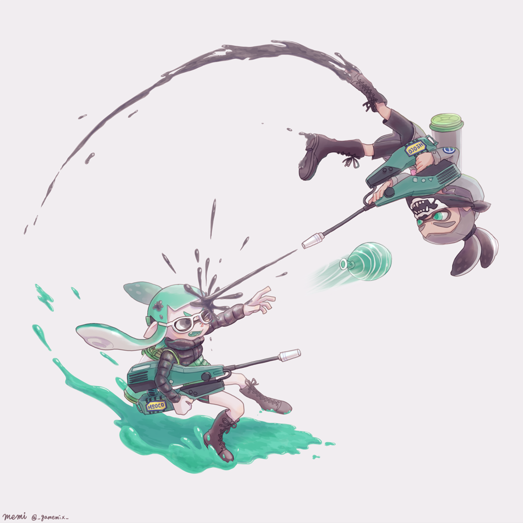 1boy 1girl black_footwear black_hair black_jacket black_shorts boots firing full_body glasses green_eyes green_hair grey_background grey_jacket gun holding holding_gun holding_weapon inkling inkling_boy inkling_girl inkling_player_character jacket mask memi_(gamemix) mouth_mask paint ponytail shorts signature simple_background splatoon_(series) tentacle_hair twitter_username water_balloon weapon weapon_request white-framed_eyewear