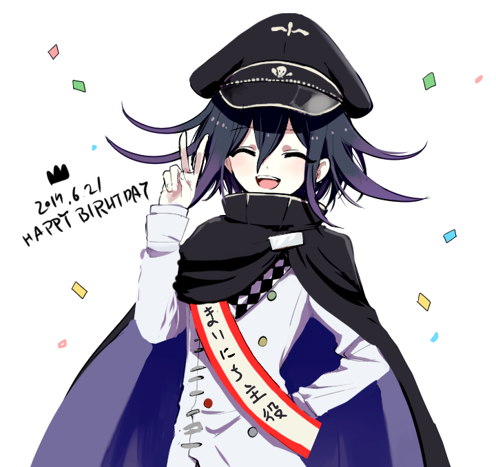 1boy ^_^ arm_belt belt birthday birthday_sash black_cloak black_hat buttons checkered_clothes checkered_scarf cloak closed_eyes collared_cloak colored_tips commentary_request confetti cowboy_shot crown danganronpa_(series) danganronpa_v3:_killing_harmony dated double-breasted fingernails hair_between_eyes hand_on_own_hip happy_birthday hat high_collar jacket layered_sleeves long_sleeves male_focus multicolored_buttons multicolored_hair oma_kokichi open_mouth peaked_cap purple_cloak purple_hair scarf short_hair simple_background sleeves_past_wrists smile solo tamaon teeth two-tone_cloak upper_teeth_only v white_background white_belt white_jacket