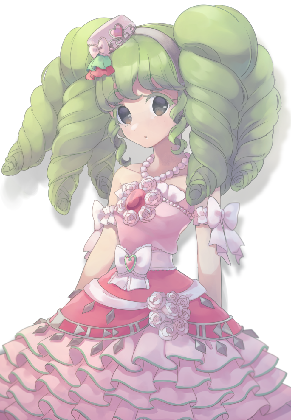 1girl bad_id bad_twitter_id bow colored_eyelashes cowboy_shot dress falulu flower frilled_dress frills green_hair grey_eyes hat highres idol_clothes inactive_account jewelry long_hair looking_at_viewer mini_hat necklace open_mouth pink_dress power_symbol pretty_series pripara rose shiyurinpu sidelocks simple_background solo standing strapless strapless_dress twintails white_background