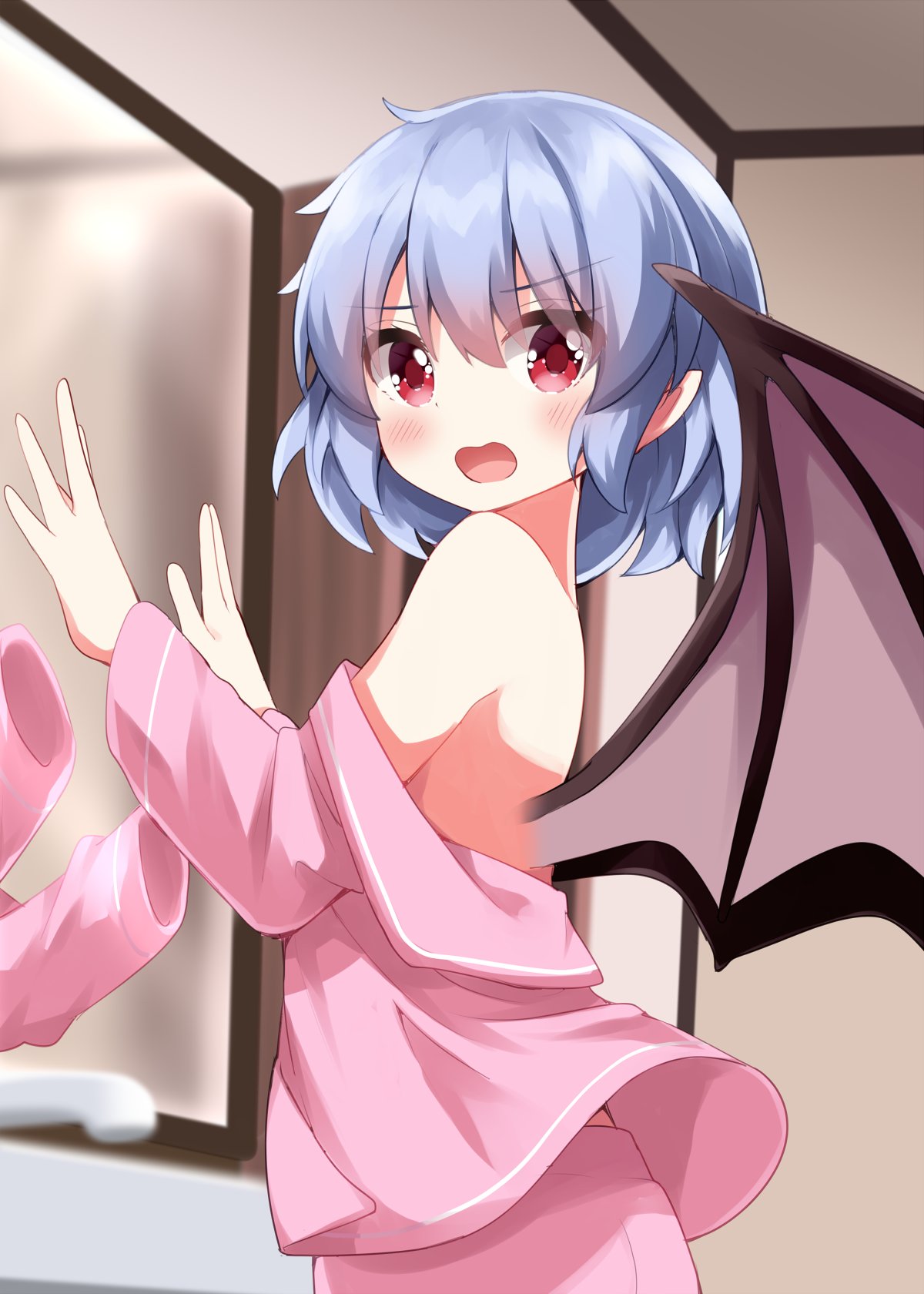 1girl alternate_costume bare_back bare_shoulders bat_wings blue_hair blush commentary_request highres long_sleeves mirror off_shoulder pajamas pants pink_pajamas pink_pants pink_shirt pointy_ears red_eyes remilia_scarlet ruu_(tksymkw) shirt short_hair solo touhou wings worried