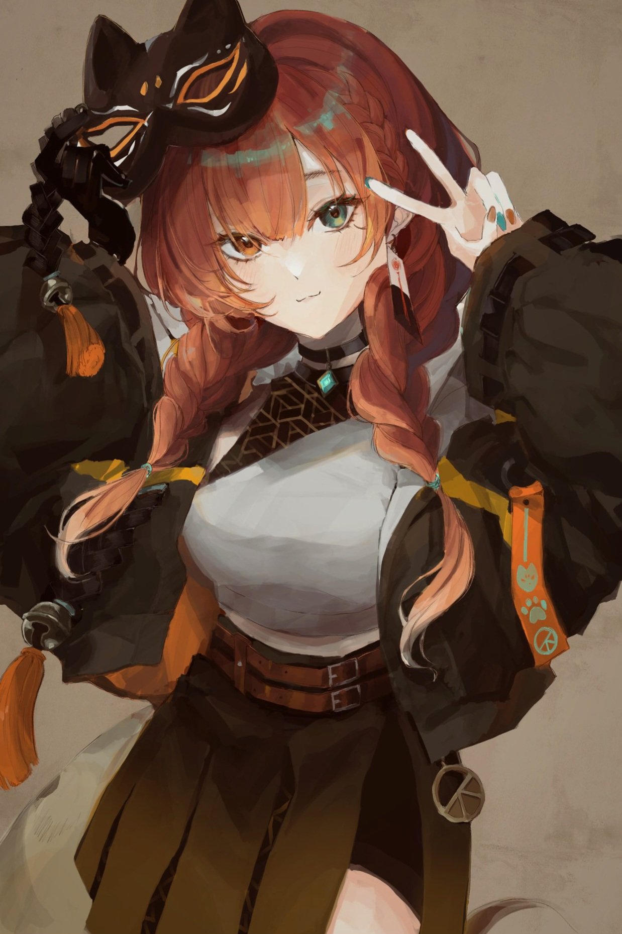 1girl black_jacket black_skirt braid brown_eyes brown_hair brown_nails earrings fox fox_mask fox_tail green_eyes green_nails highres jacket jewelry kyrl light_smile mask mikami_kon multicolored_eyes nail reject_(esports) shirt skirt sleeveless tail twin_braids v virtual_youtuber