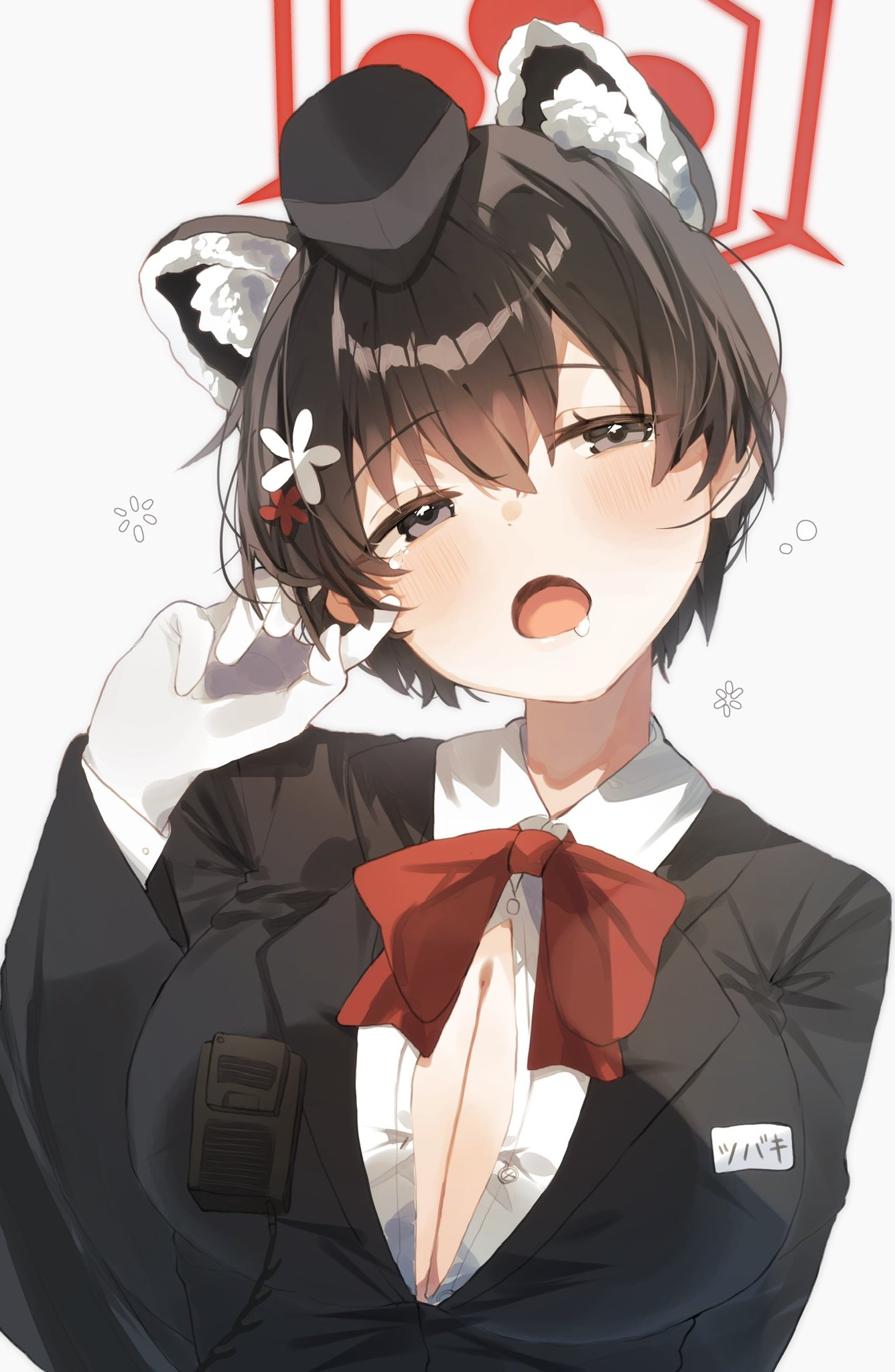 1girl animal_ears black_hat blue_archive bow bowtie extra_ears garrison_cap halo hat higa_(gominami) highres official_alternate_costume raccoon_ears raccoon_girl red_bow red_bowtie red_halo solo tour_guide tsubaki_(blue_archive) tsubaki_(guide)_(blue_archive) upper_body walkie-talkie
