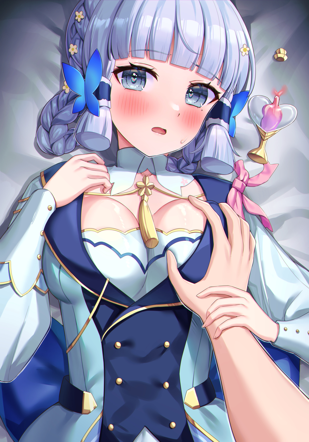 1girl blue_butterfly blue_dress blue_eyes blue_hair blunt_bangs blunt_tresses blush braided_hair_rings breasts bug butterfly butterfly_hair_ornament cleavage collar dress flower genshin_impact grabbing grabbing_another's_breast groping guided_breast_grab guiding_hand hair_flower hair_ornament hand_on_another's_chest heart heart-shaped_pupils highres holding_another's_wrist kamisato_ayaka kamisato_ayaka_(springbloom_missive) large_breasts light_blue_hair long_hair long_sleeves looking_at_viewer lying mikoto_(0709mikoto) mole mole_under_eye multicolored_clothes multicolored_dress neck_tassel official_alternate_costume official_alternate_hairstyle on_back open_mouth potion pov pov_hands puffy_long_sleeves puffy_sleeves solo_focus symbol-shaped_pupils upper_body white_collar