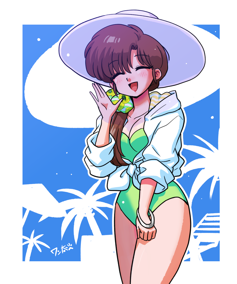 1girl :d ara_ara arm_at_side arm_up bare_legs blush bracelet breasts brown_hair calling closed_eyes green_one-piece_swimsuit hair_ornament hair_scrunchie highres hood hoodie jewelry long_hair medium_breasts one-piece_swimsuit palm_tree_print ranma_1/2 scrunchie shirt signature silver_jewelry simple_background smile swimsuit tendou_kasumi tied_shirt two-tone_background wanta_(futoshi) waving white_hat white_hoodie white_shirt