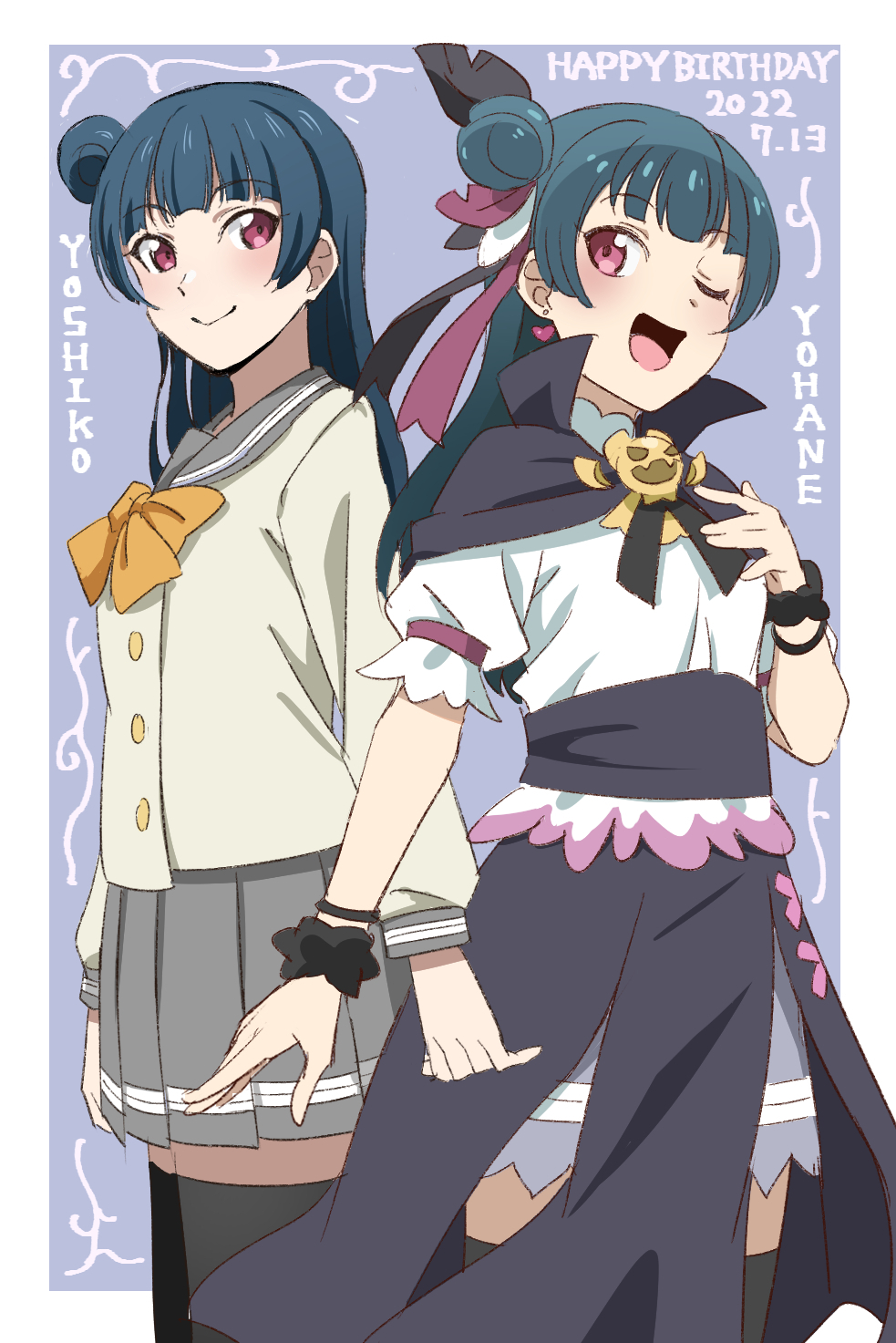 2022 2girls ;d black_capelet black_feathers black_scrunchie black_thighhighs blue_hair border bow bowtie bracelet capelet character_name closed_mouth dated feathers genjitsu_no_yohane grey_sailor_collar grey_skirt hair_bun happy_birthday hat_feather highres jewelry love_live! love_live!_sunshine!! miniskirt multiple_girls one_eye_closed pleated_skirt red_eyes red_feathers sailor_collar school_uniform scrunchie shirt short_hair short_sleeves single_side_bun skirt smile standing thighhighs tsushima_yoshiko uranohoshi_school_uniform vorupi white_border white_feathers white_shirt wrist_scrunchie yellow_bow yellow_bowtie yohane_(genjitsu_no_yohane) zettai_ryouiki