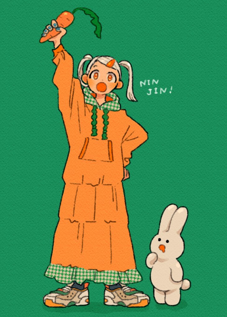 1girl animal arm_up black_pantyhose blue_nails carrot carrot_hair_ornament commentary drawstring dress drooling food food-themed_hair_ornament fukujumaru full_body green_background grey_hair hair_ornament hand_on_own_hip holding holding_food holding_vegetable hooded_dress long_dress long_hair long_sleeves looking_at_viewer medium_hair nail_polish open_mouth orange_dress orange_eyes original pantyhose plaid romaji_text shoes simple_background standing twintails vegetable white_hair