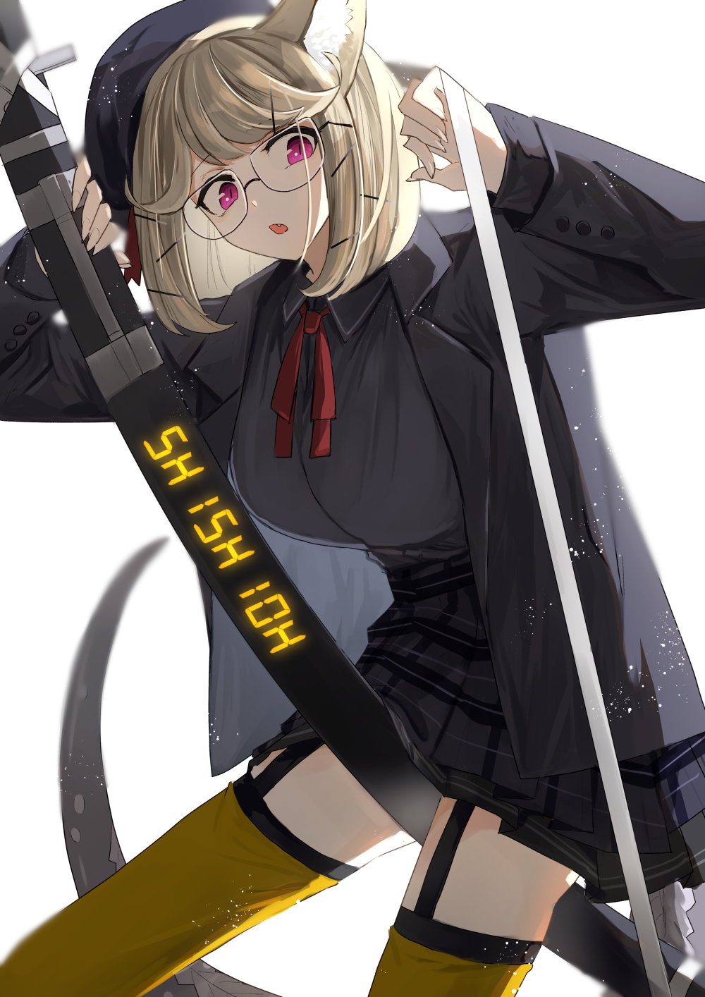 1girl animal_ear_fluff animal_ears arknights beret between_legs black_garter_straps black_hat black_jacket black_shirt black_skirt blonde_hair breasts collared_shirt cowboy_shot fang fingernails garter_straps glasses hair_ornament hairclip hat highres iwashi_80 jacket long_sleeves looking_at_viewer neck_ribbon official_alternate_costume open_clothes open_jacket open_mouth plaid plaid_skirt pleated_skirt purple_eyes ribbon sharp_fingernails sheath sheathed shirt simple_background skirt solo sword tail thighhighs utage_(arknights) utage_(disguise)_(arknights) weapon white_background yellow_thighhighs