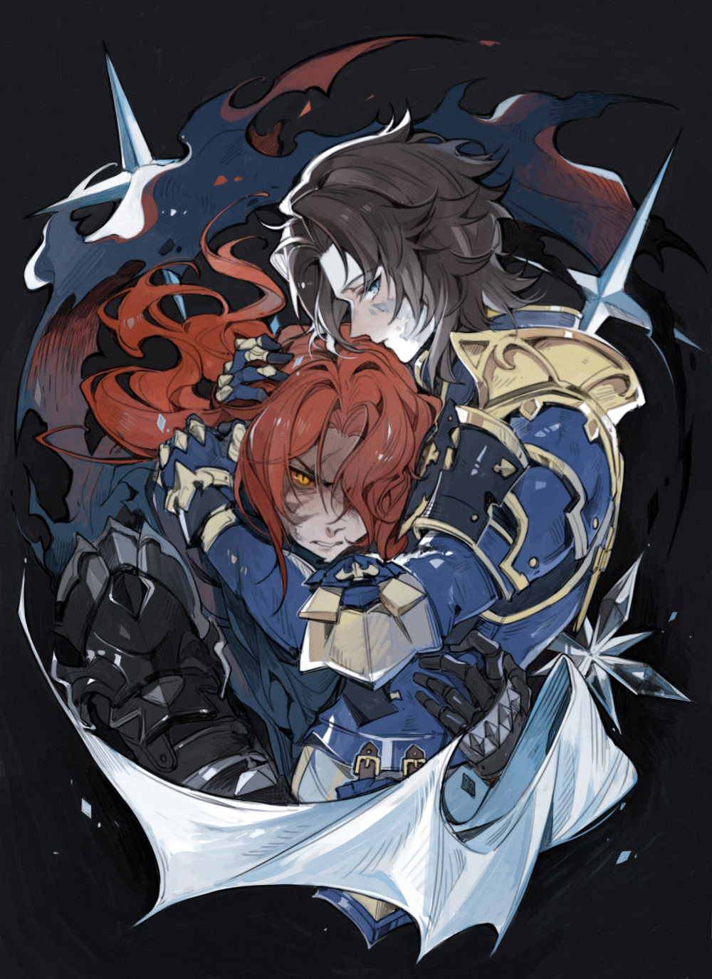 2boys armor black_armor blue_armor brown_hair cape granblue_fantasy head_hug highres hug hug_from_behind lancelot_(granblue_fantasy) long_hair luminous_slime multiple_boys siegfried_(granblue_fantasy) the_dragon_knights torn_cape torn_clothes yellow_eyes