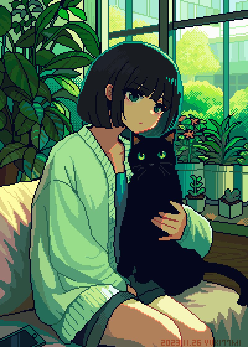 1girl animal artist_name black_cat black_hair blue_shirt blunt_bangs blunt_ends bob_cut bush cardigan cat cellphone closed_mouth couch dated dot_mouth expressionless feet_out_of_frame foliage green_cardigan green_eyes green_shorts holding holding_animal holding_cat indoors long_sleeves looking_afar looking_ahead nanami_yuki_(yuki77mi) on_couch original phone pixel_art plant potted_plant shirt short_hair shorts sitting smartphone solo tree window