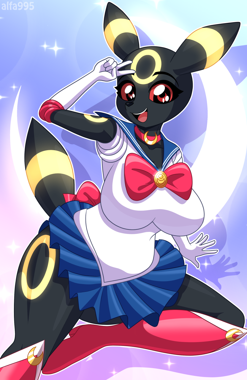 2024 alfa995 anthro big_breasts black_body black_fur bottomwear breasts clothed clothing eeveelution female fur generation_2_pokemon gesture hand_gesture hi_res looking_at_viewer nintendo pokemon pokemon_(species) red_eyes sailor_moon_(series) skirt solo umbreon v_sign