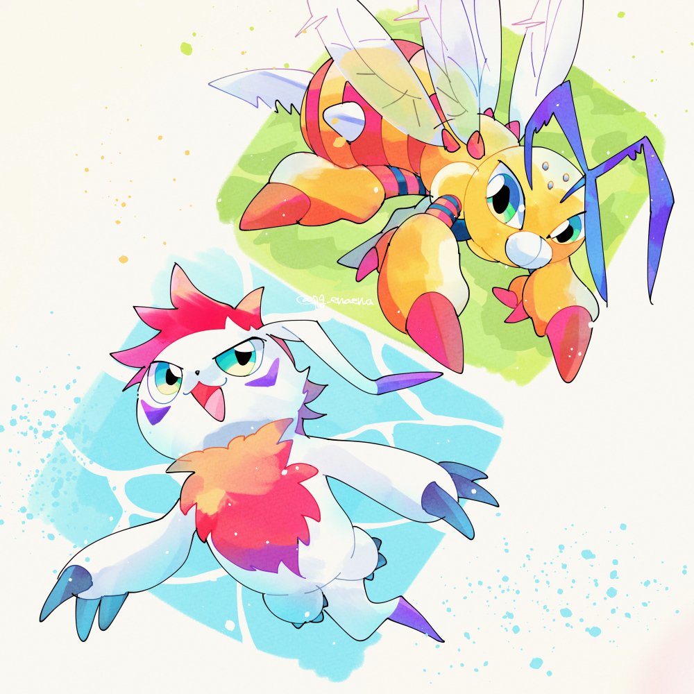 :3 antennae bee bug chest_hair colored_skin digimon digimon_(creature) facial_mark full_body funbeemon gomamon gomamon_x-antibody green_eyes insect_wings pg_enaena red_hair spiked_hair underwater white_fur wings yellow_skin