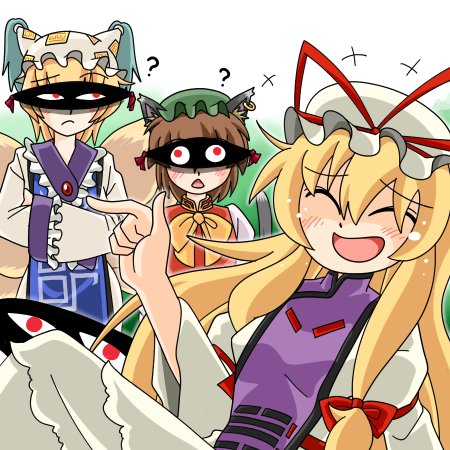 +++ 3girls ? animal_ear_piercing animal_ears blonde_hair blue_tabard blush bow bowtie cat_ears cat_girl chen closed_eyes closed_mouth commentary_request cowboy_shot dress earrings fox_tail gap_(touhou) green_hat hair_between_eyes hands_in_opposite_sleeves hat hat_ribbon jewelry laughing long_bangs long_hair long_sleeves lowres mob_cap multiple_girls na_ka_che open_mouth purple_tabard red_ribbon ribbon sidelocks single_earring smile tabard tail touhou very_long_hair white_background white_dress wide_sleeves yakumo_ran yakumo_yukari yellow_bow yellow_bowtie