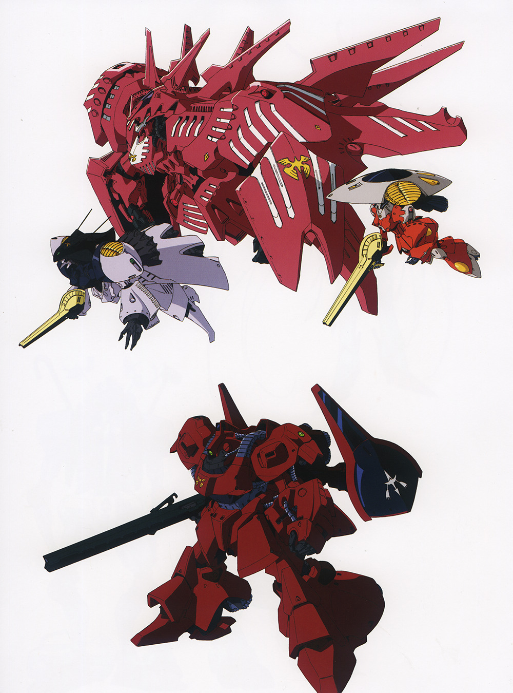 1980s_(style) beam_rifle character_request concept_art energy_gun english_commentary gundam hachicca hamma_hamma highres machinery mecha mobile_armor mobile_suit nagano_mamoru nahatgall no_humans official_art production_art retro_artstyle rick_dias robot scan science_fiction size_difference traditional_media weapon white_background zeta_gundam