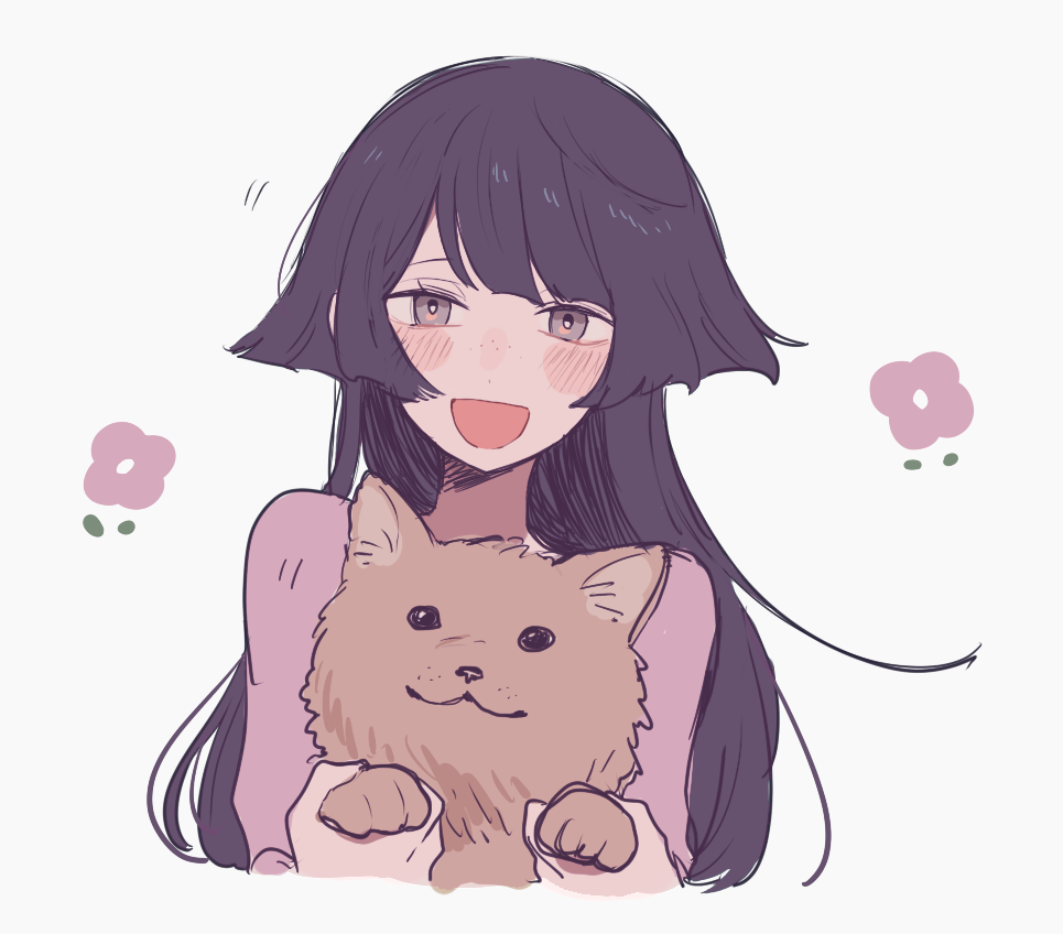 1girl animal blush cropped_torso dog freckles grey_eyes hair_flaps holding holding_animal long_hair looking_at_viewer maco22 open_mouth original purple_hair smile solo