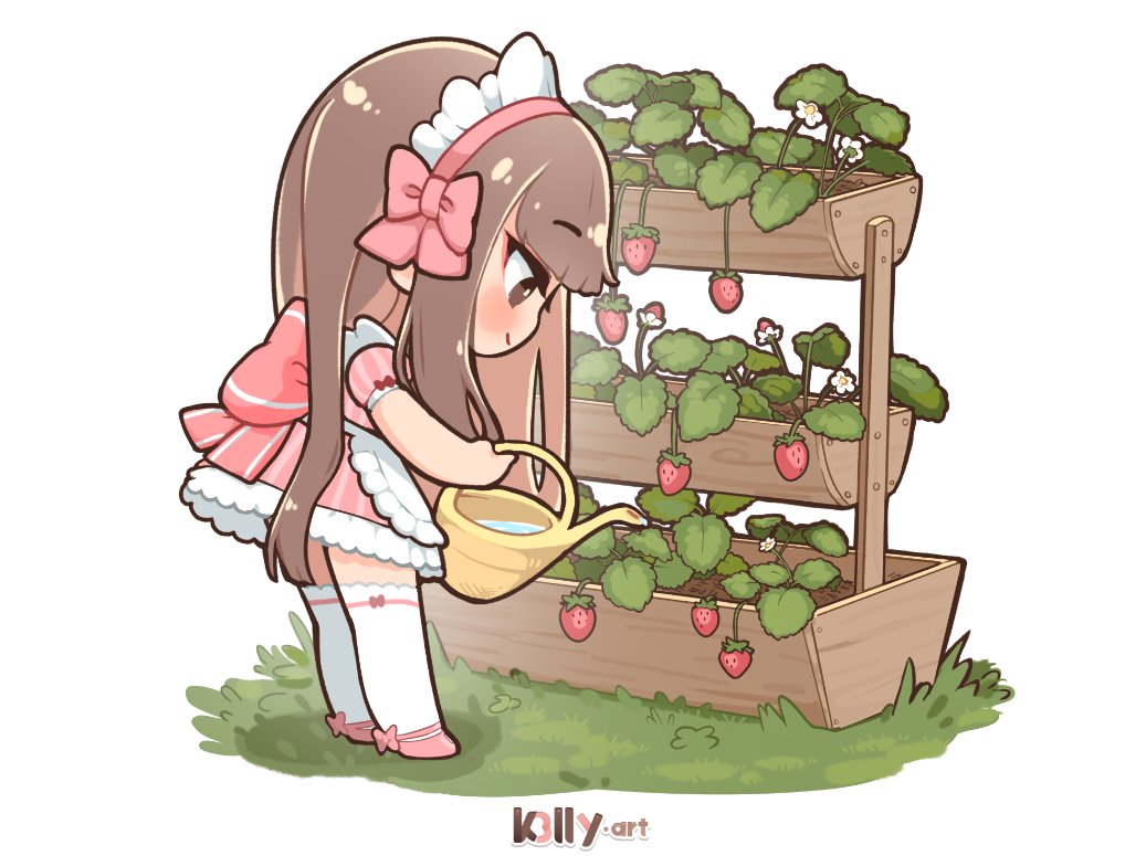 1girl angelica_(k3lly) apron artist_name back_bow blunt_bangs bow brown_eyes brown_hair chibi dress english_commentary food footwear_bow fruit grass hair_bow hairband holding holding_watering_can k3lly light_blush maid maid_apron maid_headdress original pink_bow pink_dress pink_footwear pink_hairband plant simple_background smile standing strawberry thighhighs watering watering_can watermark white_background white_thighhighs