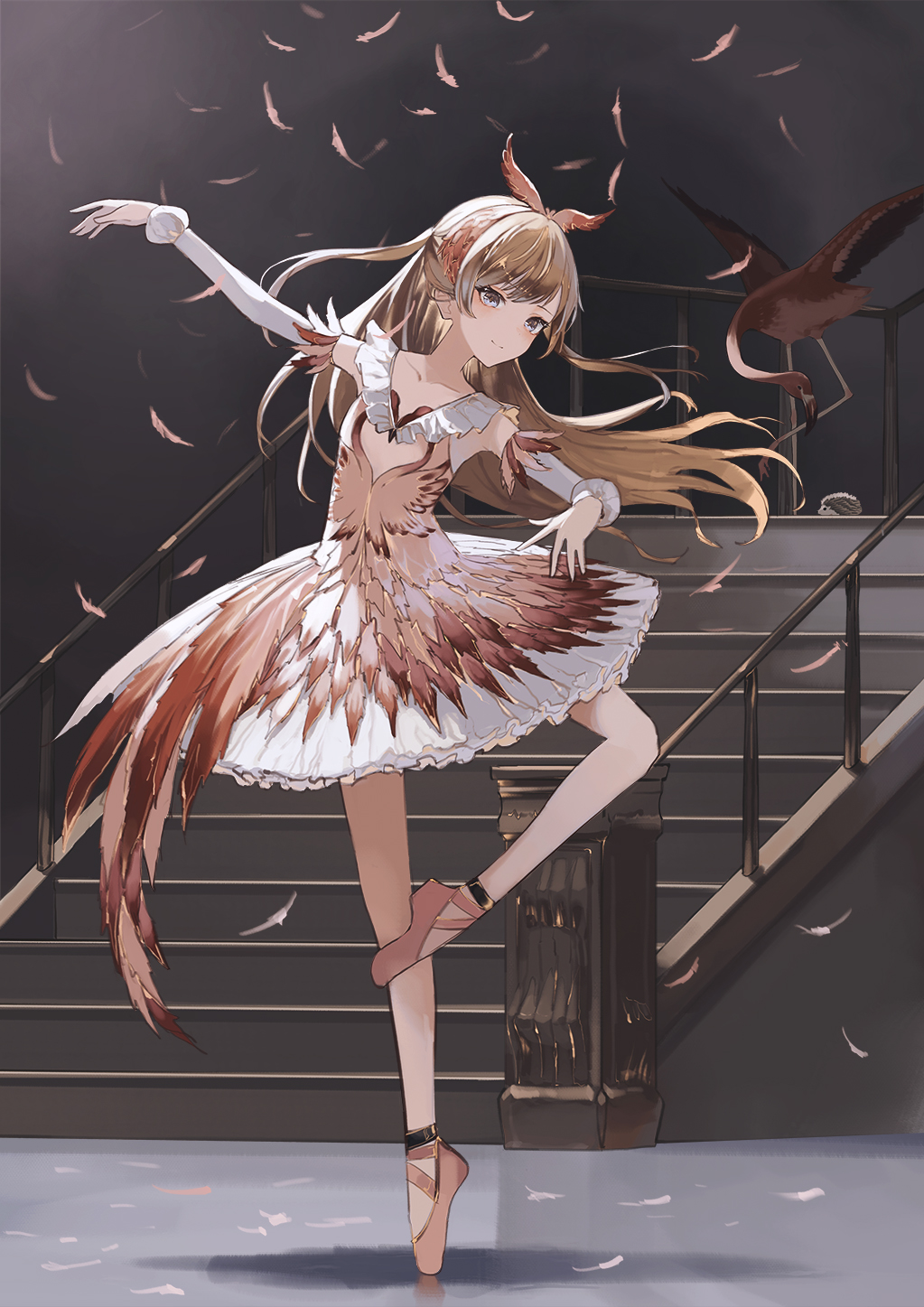 animal_print ballerina bird_print brown_hair dancing dress en_pointe feathers flaming full_body grey_background hedgehog highres long_hair stairs tiptoes tutu wakuseiy wrist_cuffs