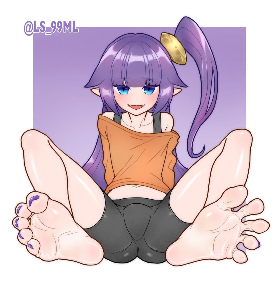 1girl artist_name bare_legs barefoot bike_shorts black_bra black_shorts blue_eyes blunt_bangs blush border bra feet foot_focus foreshortening full_body knees_up legs long_hair long_sleeves looking_at_viewer nail_polish navel off_shoulder one_side_up open_mouth orange_shirt pointy_ears purple_background purple_hair shirt shorts sidelocks simple_background soles solo spread_toes toe_scrunch toenail_polish toenails toes tsukimaru_(ls_99ml) twitter_username underwear white_border yokubou_pandora