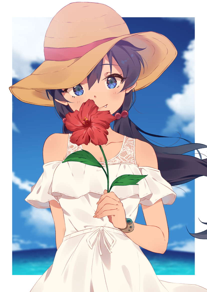 1girl black_hair blue_eyes blue_sky bracelet breasts dress fang flower ganaha_hibiki hat holding holding_flower idolmaster idolmaster_(classic) jewelry kyou_(kyo_u) long_hair low_twintails sky solo straw_hat sun_hat sundress twintails upper_body white_dress