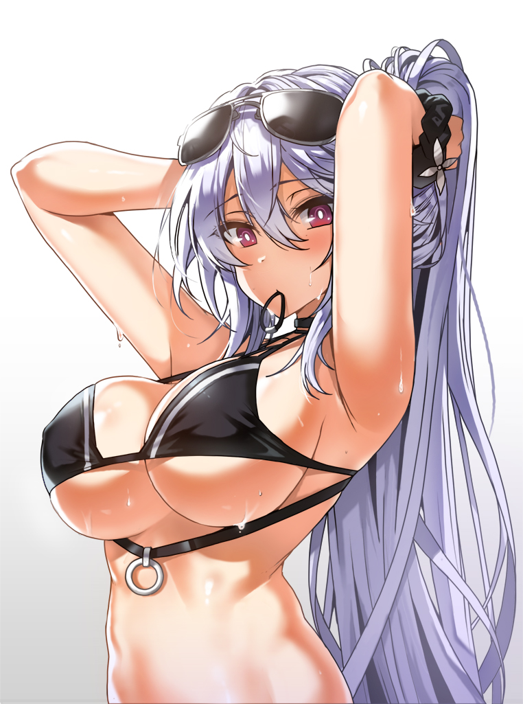 1girl armpits arms_up bare_shoulders bikini black_bikini breasts closers covered_nipples eyewear_on_head hair_between_eyes hair_tie_in_mouth large_breasts lhu_(barappra1) long_hair looking_at_viewer midriff mirae_(closers) mouth_hold purple_hair red_eyes sideboob simple_background solo sunglasses sweat swimsuit tying_hair underboob upper_body very_long_hair very_sweaty white_background