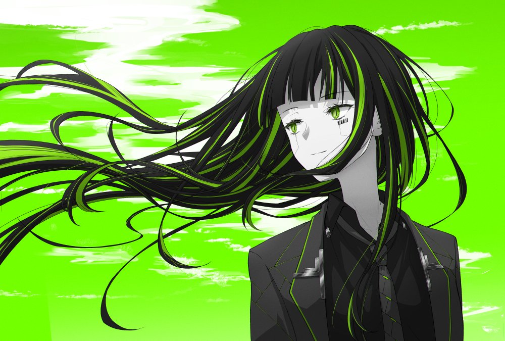 1girl alfonso_(project_moon) barcode barcode_tattoo black_jacket black_necktie black_shirt collared_shirt floating_hair green_eyes green_hair green_sky green_theme jacket limbus_company long_hair multicolored_hair necktie project_moon shirt solo streaked_hair tattoo very_long_hair wing_collar york0pm