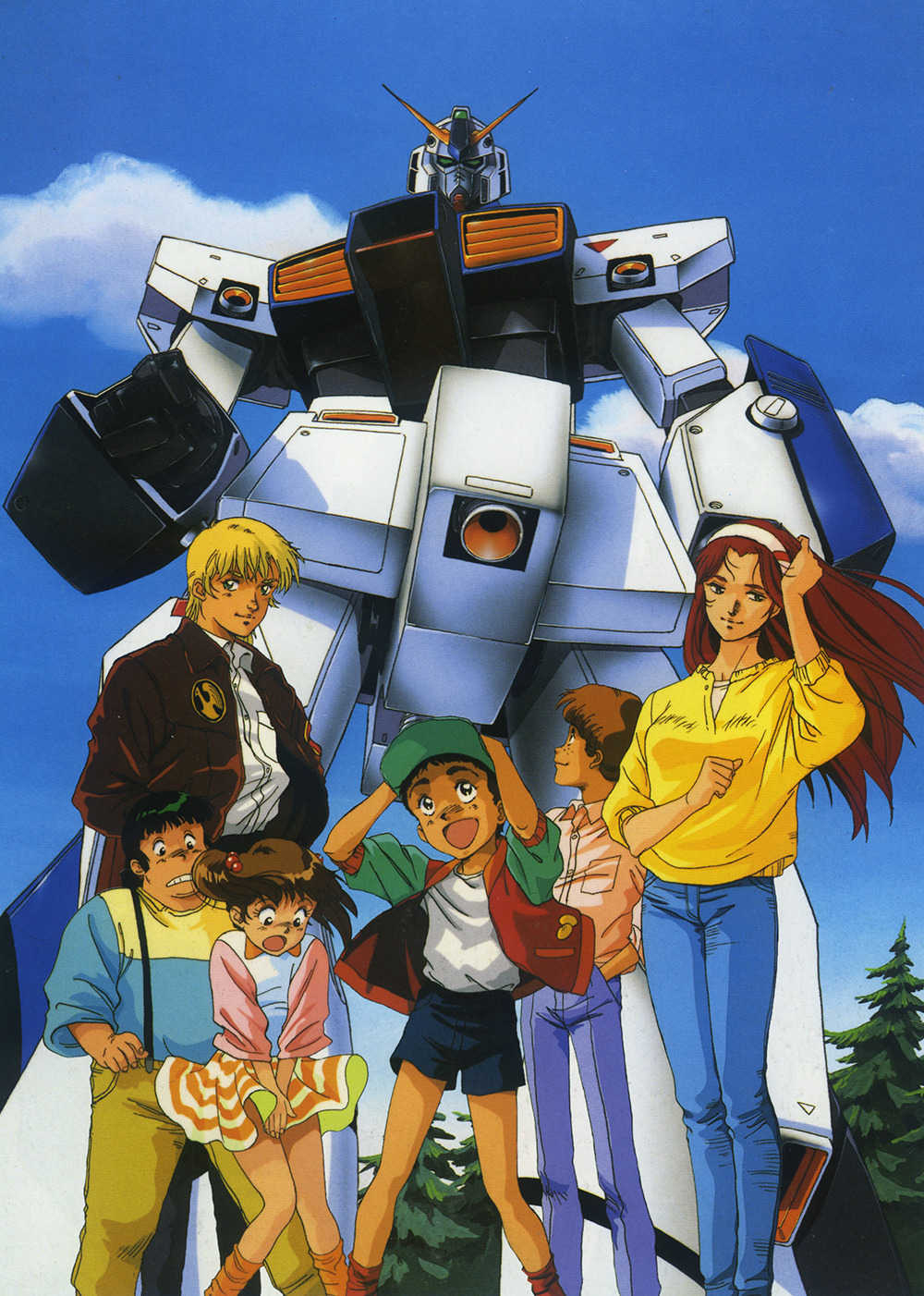 1980s_(style) 2girls 4boys age_difference alfred_izuruha alternate_universe artist_request bernard_wiseman black_hair blonde_hair blue_sky brown_hair chay_(gundam_0080) christina_mackenzie cloud dorothy_(gundam) good_end gundam gundam_0080 gundam_alex hat highres jacket key_visual long_hair mecha mobile_suit multiple_boys multiple_girls official_art production_art promotional_art red_hair retro_artstyle robot scan science_fiction short_hair shorts size_difference skirt sky suspenders telcott_(gundam_0080) traditional_media tree v-fin vernier_thrusters vest wind wind_lift