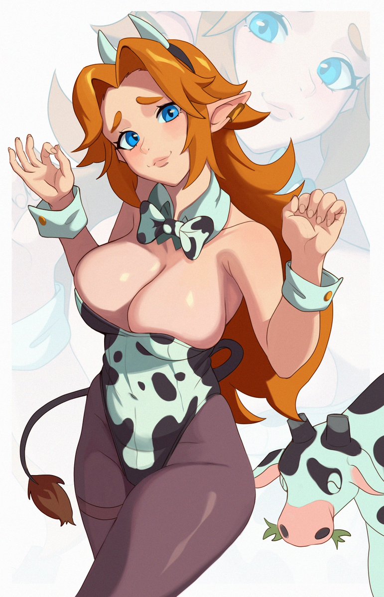 1girl animal_ears animal_print blue_eyes bow bowtie breasts cleavage cow cow_ears cow_print cow_tail large_breasts malon milkmountain orange_hair pantyhose playboy_bunny tail the_legend_of_zelda the_legend_of_zelda:_ocarina_of_time