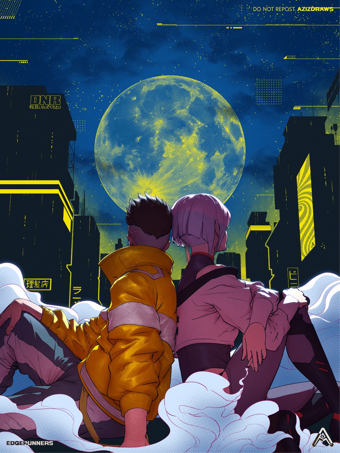 1boy 2girls azizdraws blue_sky building city cityscape couple cyberpunk_(series) cyberpunk_2077 david_martinez from_side hand_on_ground hand_on_own_knee hetero highres huge_moon jacket knee_up looking_to_the_side lucy_(cyberpunk) moon multiple_girls night night_city_(cyberpunk) night_sky off-shoulder_jacket off_shoulder pants sitting sky skyscraper star_(sky) starry_sky white_jacket yellow_jacket