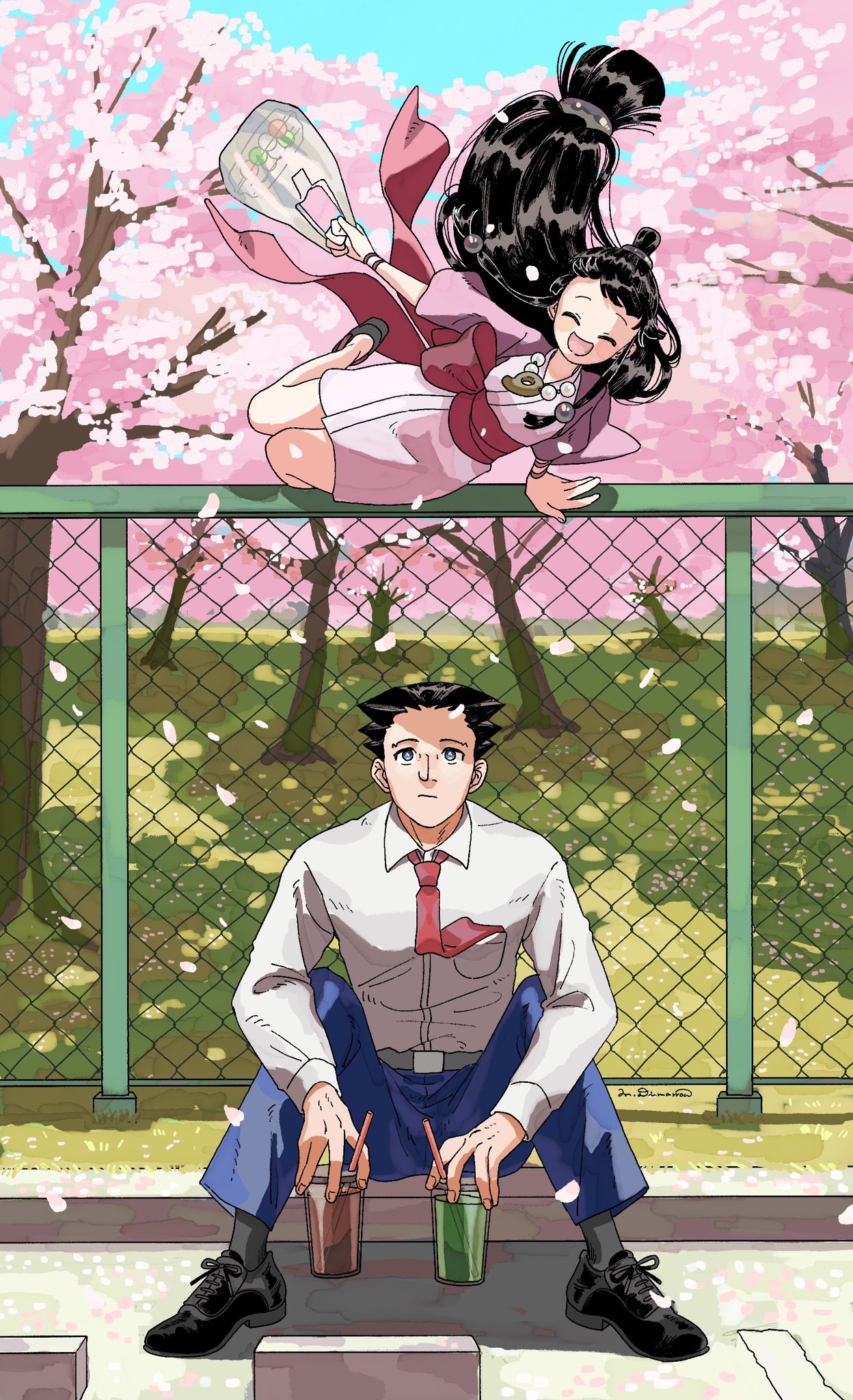1boy 1girl :d ^_^ ace_attorney bag bead_necklace beads belt belt_buckle black_footwear black_hair blue_eyes blue_pants blue_sky blunt_bangs bracelet buckle chain-link_fence cherry_blossoms closed_eyes commentary cup drinking_straw expressionless facing_viewer fence floating_hair food grass grey_belt grey_socks hair_beads hair_ornament half_updo hanten_(clothes) highres holding holding_cup jacket japanese_clothes jewelry jumping kimono long_hair low-tied_long_hair low-tied_sidelocks magatama magatama_necklace maya_fey mochi necklace necktie necktie_in_pocket okobo omen_hohoho pants phoenix_wright plastic_bag purple_jacket red_necktie red_sash sandals sash shirt sidelocks sitting sky smile socks spiked_hair topknot very_long_hair white_kimono white_shirt