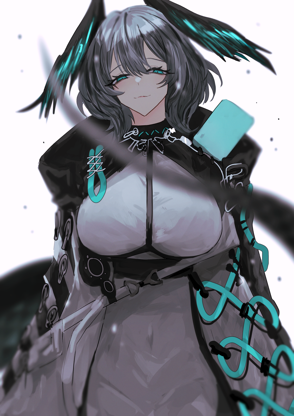 1girl aqua_eyes arknights breasts feathered_wings grey_hair head_wings highres ho'olheyak_(arknights) iwashi_80 jacket large_breasts looking_at_viewer medium_hair open_clothes open_jacket simple_background smile solo tail white_background wings