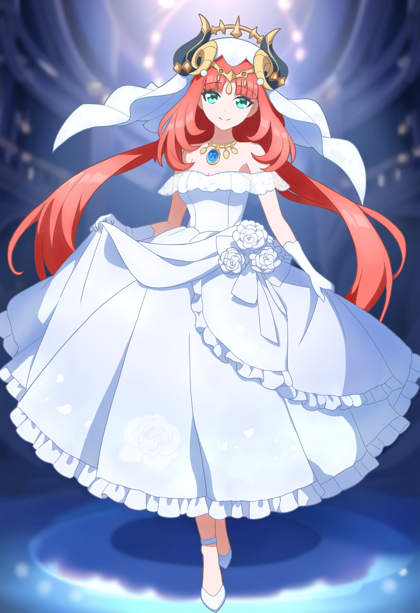 1girl alternate_costume bare_shoulders bride commentary dress fake_horns flower genshin_impact gloves green_eyes highres horns long_hair looking_at_viewer nahato nilou_(genshin_impact) red_hair rose smile solo strapless strapless_dress twintails veil very_long_hair wedding_dress white_dress white_flower white_footwear white_gloves white_rose