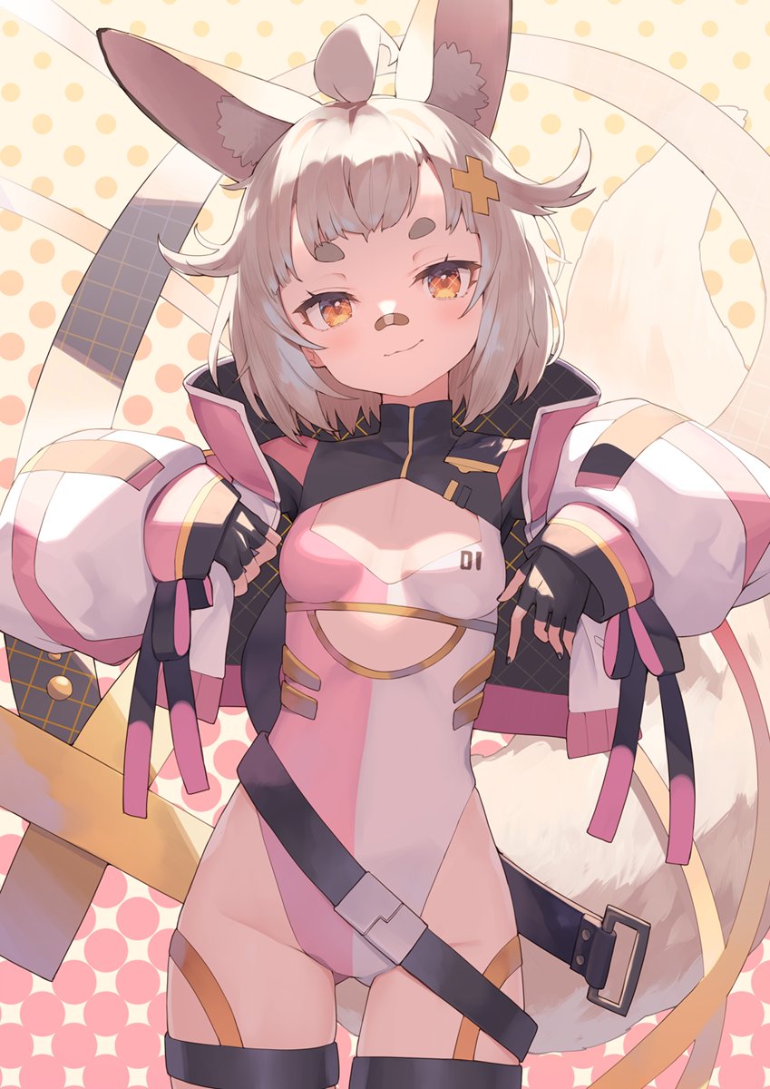 1girl ahoge animal_ear_fluff animal_ears ass_visible_through_thighs bandaid bandaid_on_face belt black_gloves black_nails breasts closed_mouth cropped_jacket cross_hair_ornament fingerless_gloves fox_tail gloves gradient_background groin hair_ornament head_tilt highres indie_virtual_youtuber jacket leotard light_blush light_smile long_sleeves looking_at_viewer open_clothes open_jacket polka_dot polka_dot_background puffy_long_sleeves puffy_sleeves ribbon shindou_kamichi shirahiko_(vtuber) short_eyebrows sleeves_past_wrists small_breasts solo tail wrist_ribbon yellow_eyes