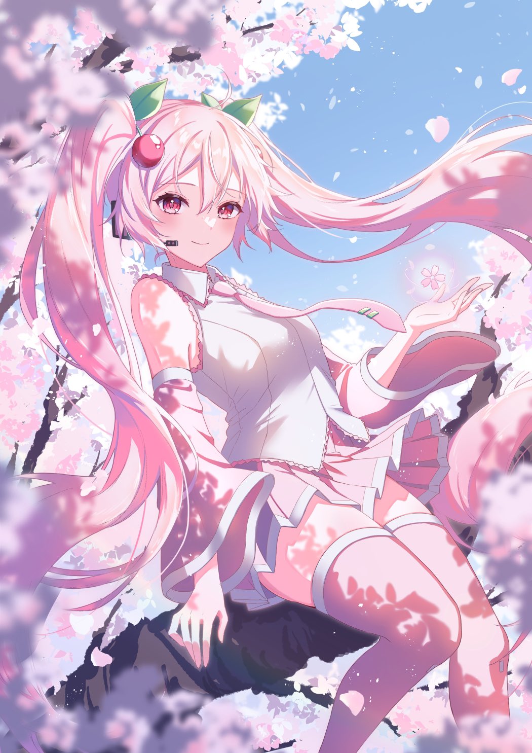 1girl awai_uta blue_sky blush cherry_blossoms cherry_hair_ornament closed_mouth collared_shirt detached_sleeves dot_nose food-themed_hair_ornament hair_between_eyes hair_ornament hatsune_miku headset highres long_hair necktie official_alternate_costume official_alternate_hair_color pink_eyes pink_hair pink_necktie pink_petals pink_skirt pink_sleeves pink_thighhighs pleated_skirt sakura_miku shirt sitting skirt sky sleeveless sleeveless_shirt smile solo thighhighs twintails very_long_hair vocaloid white_shirt