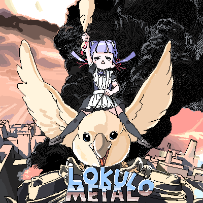1girl animal_ears apron bird black_dress black_thighhighs cat_ears commentary_request dress heavy_metal_(movie) loafers lokulo-chan lokulo_no_mawashimono lowres maid_apron oekaki original parody poster_parody purple_eyes purple_hair riding rubber_chicken shoes short_dress smoke solo thighhighs triangle_mouth white_apron