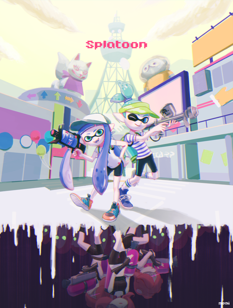 2boys 2girls balloon blue_eyes blue_footwear blue_hair callie_(splatoon) copyright_name fangs full_body gun holding holding_gun holding_weapon marie_(splatoon) memi_(gamemix) multiple_boys multiple_girls octoling_boy octoling_girl octoling_player_character one_eye_closed open_mouth orange_footwear outdoors pointy_ears ponytail screen shirt shoes signature splatoon_(series) splatoon_1 striped_clothes striped_shirt t-shirt weapon weapon_request white_shirt