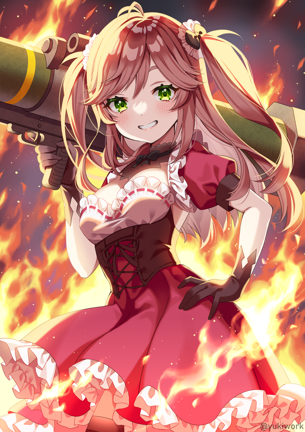 1girl black_gloves black_thighhighs brown_hair commentary_request commission cowboy_shot dress fire frilled_dress frills gloves green_eyes grin hair_ornament hand_on_own_hip highres indie_virtual_youtuber long_hair looking_at_viewer m1_bazooka partial_commentary puffy_short_sleeves puffy_sleeves red_dress rocket_launcher short_dress short_sleeves skeb_commission smile solo standing tanmaru_kade thighhighs trigger_discipline twitter_username two_side_up underbust virtual_youtuber weapon yukinko_(yukiwork)