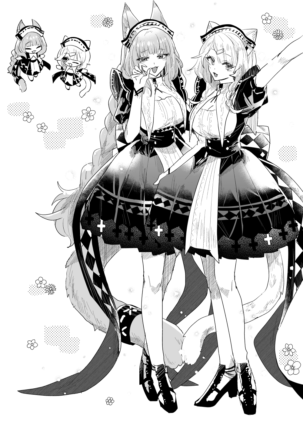 2girls :d ;d alternate_costume animal_ears arknights arm_up braid breasts cat_ears cat_girl cat_tail chibi chibi_inset cleavage cleavage_cutout clothing_cutout cosplay dress floral_background full_body greyscale hair_ornament hairclip harmonie_(arknights) headdress high_heels highres infection_monitor_(arknights) iwashi_80 kazemaru_(arknights) kazemaru_(like_illusion)_(arknights) kazemaru_(like_illusion)_(arknights)_(cosplay) long_hair looking_at_viewer monochrome multiple_girls official_alternate_costume one_eye_closed open_mouth paw_pose simple_background smile standing tail very_long_hair white_background