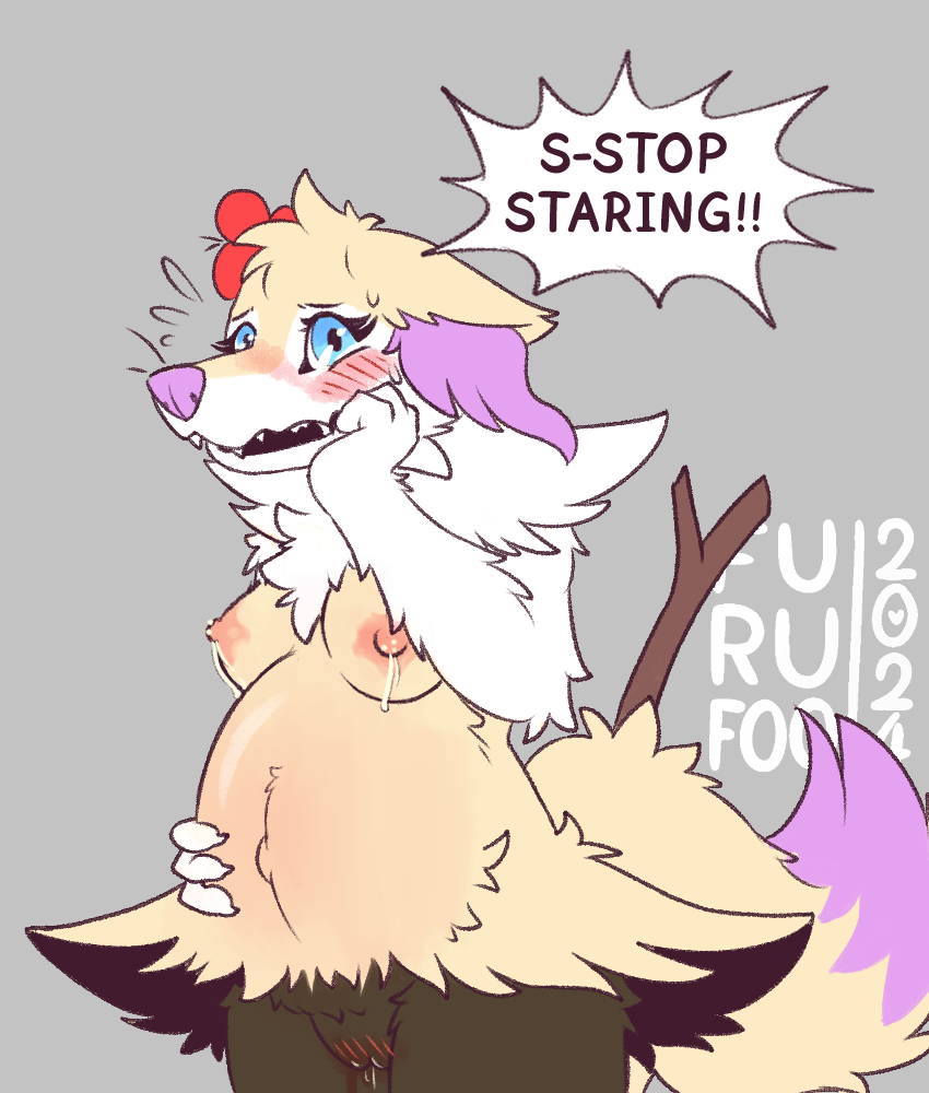 anthro blush bodily_fluids braixen breasts dripping female furufoo generation_6_pokemon genital_fluids genitals lactating nintendo pokemon pokemon_(species) pregnant pussy pussy_juice_drip solo vaginal_fluids