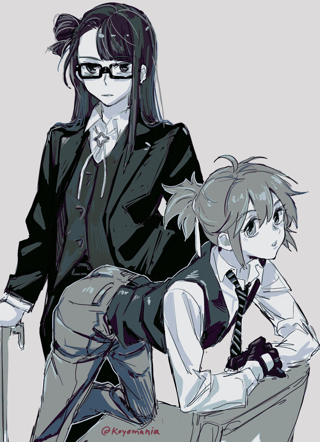 2girls bolo_tie cane collared_shirt commentary_request glasses gloves grey_background greyscale highres holding holding_cane jacket koori_chikage koyomania leaning_forward long_hair long_sleeves looking_at_viewer monochrome multiple_girls necktie nogi_wakaba_wa_yuusha_de_aru pants parted_lips shirt short_ponytail simple_background single_hair_ring suit_jacket takashima_yuuna vest waistcoat yuusha_de_aru