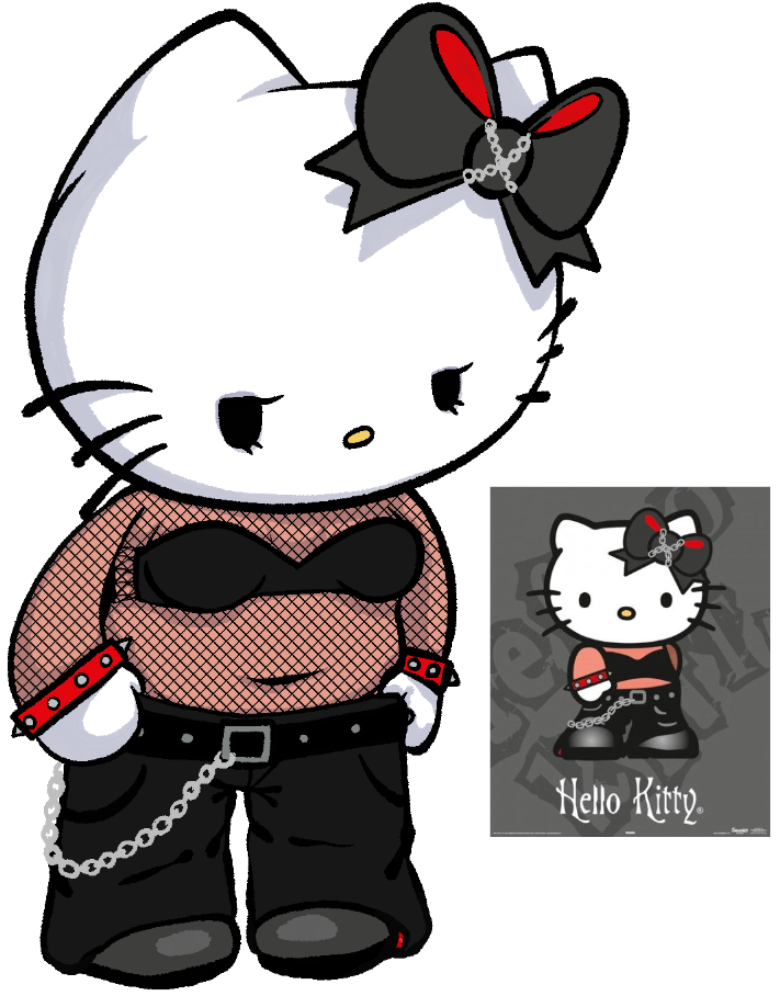 alternative_fashion anthro bracelet clothing domestic_cat felid feline felis female fishnet_clothing fishnet_topwear fur goth hello_kitty_(character) hello_kitty_(series) jewelry kittystarr mammal mouthless sanrio slightly_chubby solo spiked_bracelet spikes topwear wallet_chain white_body white_fur