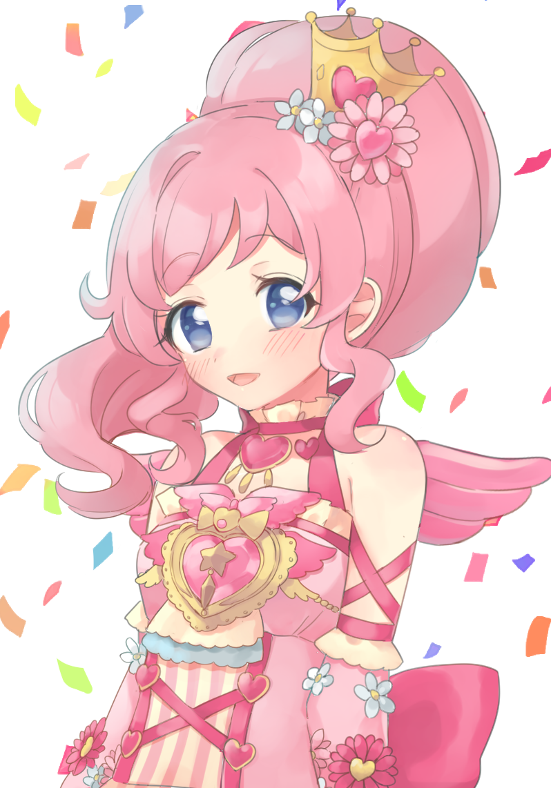 1girl :d bad_id bad_twitter_id bare_shoulders blue_eyes commentary_request confetti crown flower hair_flower hair_ornament heart inactive_account kiratto_pri_chan long_hair looking_at_viewer momoyama_mirai open_mouth pink_flower pink_hair pink_wings ponytail pretty_series shiyurinpu sidelocks smile solo upper_body white_background wings