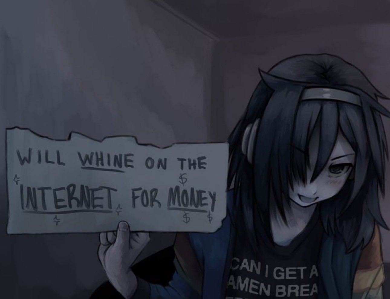 1girl arm_at_side black_eyes black_hair black_shirt blue_hoodie blush clothes_writing commentary dark dollar_sign english_commentary english_text green_hoodie hair_over_one_eye hand_up headphones holding holding_sign hood hoodie kuroki_tomoko long_hair long_sleeves looking_at_viewer messy_hair multicolored_clothes multicolored_hoodie open_clothes open_hoodie open_mouth red_hoodie shirt sign solo t-shirt upper_body upturned_eyes watashi_ga_motenai_no_wa_dou_kangaetemo_omaera_ga_warui! yellow_hoodie zoolpal